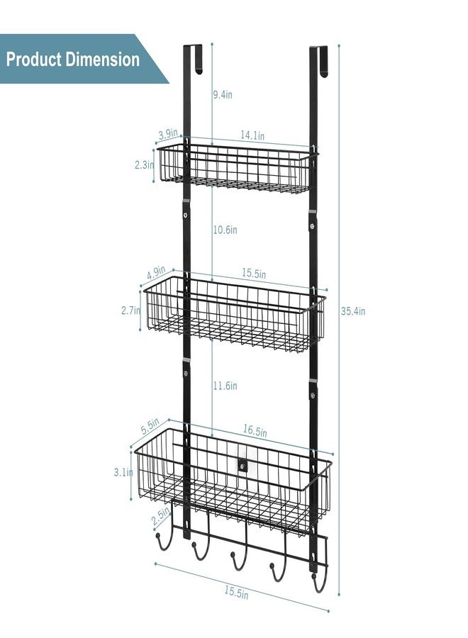 ETELI Over the Door Pantry Organizer 3 Tier Hanging Basket Back Door Storage Rack Shelf Metal Over the Door Shelves with 3 Baskets and 5 Hooks for Bathroom Kitchen Pantry Bedroom, Black - Image 2
